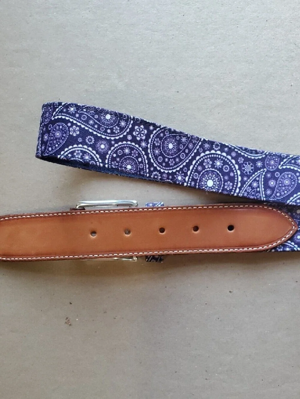 Bullock & Jones Purple  Paisley Fabric Belt with Brown Leather Accents 42